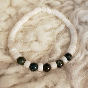 Dark Green Jasper and White Puka Shell Bracelet